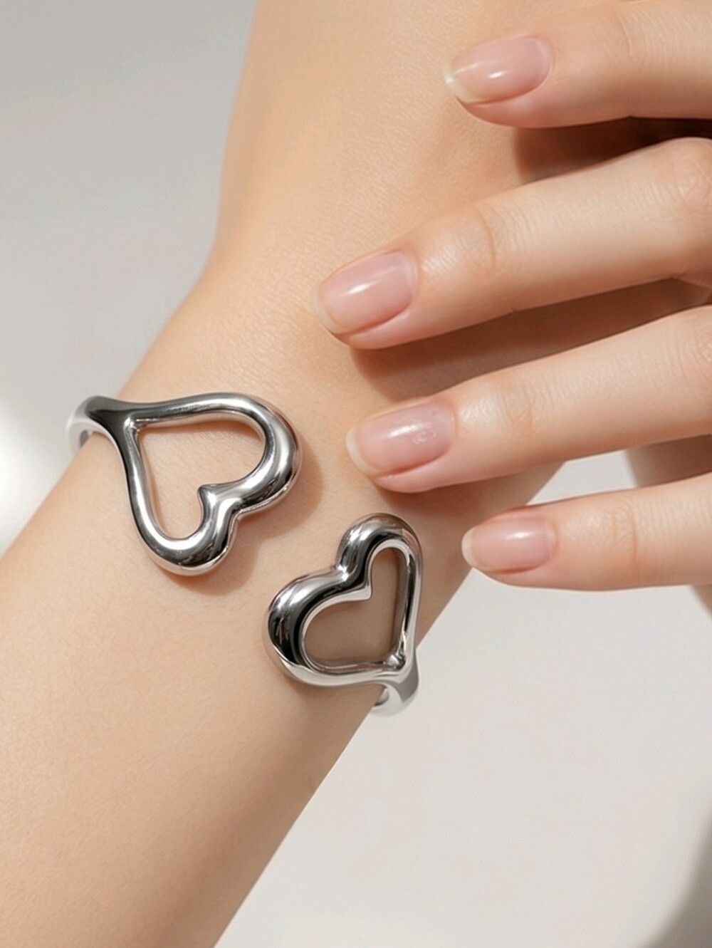 Double Heart Open Cuff Bracelet  Stainless Steel Adjustable Romantic Bangle